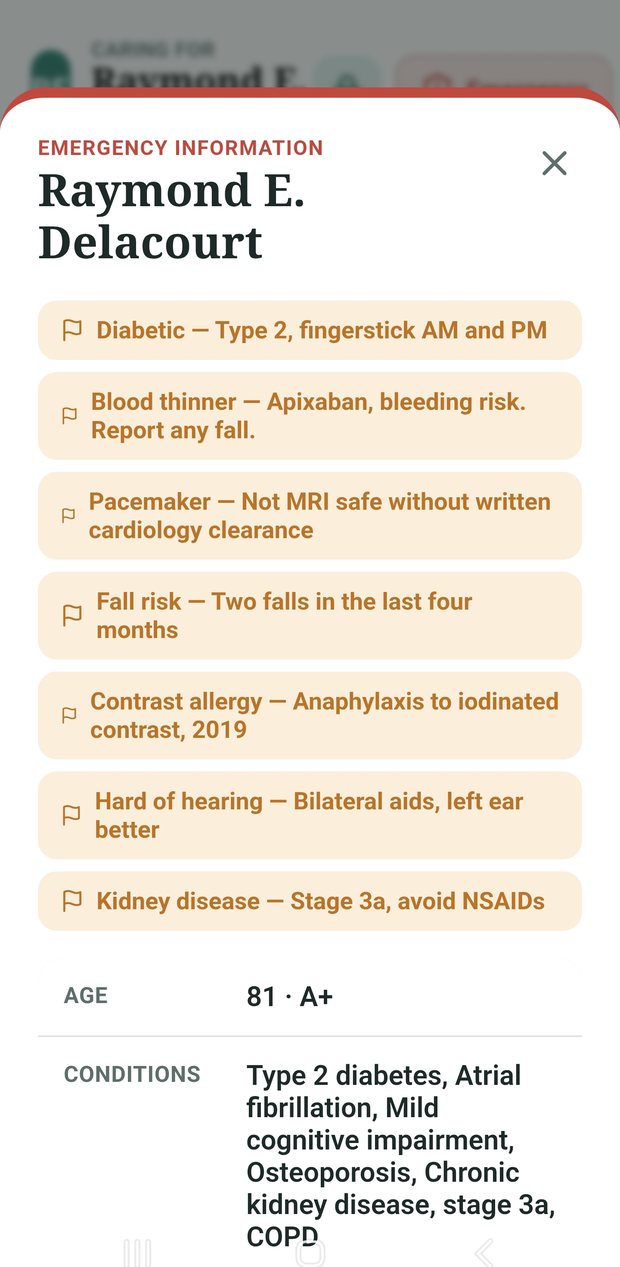 Emergency information screen showing risk flags, conditions, allergies and devices