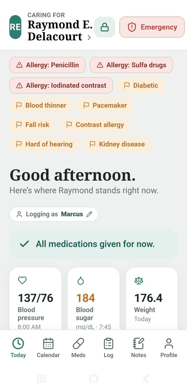 The Today screen showing allergy and risk flags, medication status, and current vitals