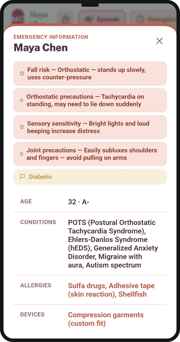 Emergency information screen with allergies, conditions and contacts